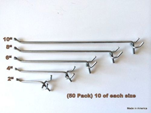 (50 Pack) Assorted Pegboard Hooks- 10 Each of 10, 8, 6, 4 &amp; 2 Inch. Made in USA!