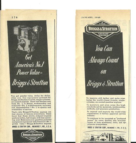Two 1949 Briggs &amp; Stratton Corp.Milwaukee,Wis.Gas Engines  ads
