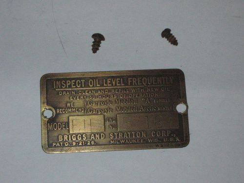 Old antique briggs &amp; stratton gas engine brass serial tag model fh 57167 for sale