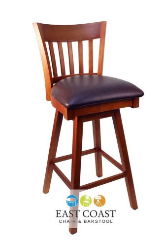 New Gladiator Cherry Vertical Back Wooden Swivel Bar Stool with Brown Vinyl Seat