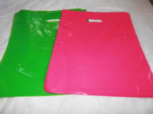 100 12x15 glossy lime green and hot pink low-density merchandise bags w\handles for sale