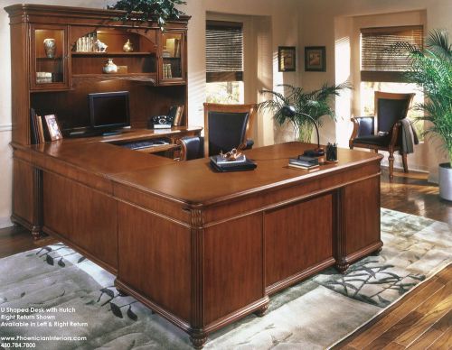 U Shaped Desk with Hutch DESK SET Fancy Desktop Cherry Wood Office Furniture