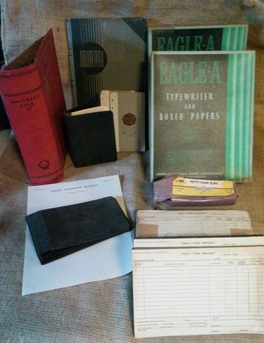 LOT OF (12)VINTAGE OFFICE SUPPLIES FROM THE 1940&#039;S. TYPING PAPER, LEDGER &amp; MORE