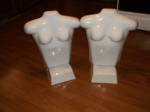 Lot of 2 FEMALE Torso Mannequin Forms White Plastic Chest Shirt Stand Upright