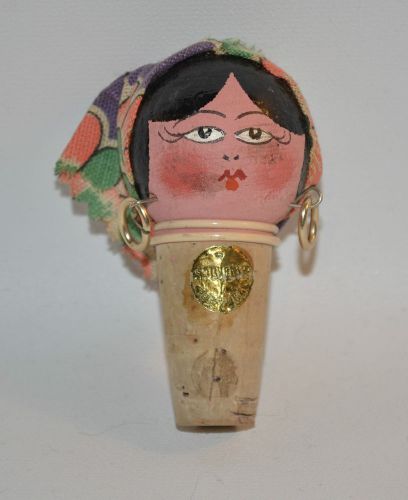 Vintage Rare Portugal Doll Head Wine Bottle Cork Stopper Hand painted Folk Art
