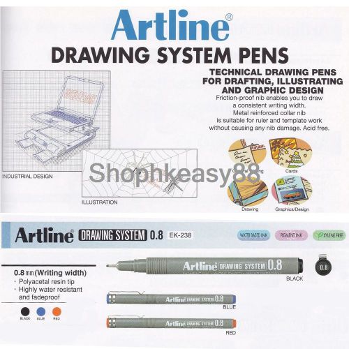 12x Artline EK-238 Technical Drawing System Pens 0.8mm Choose Color Free Ship