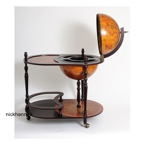 World Globe Replica Liquor Bar Cabinet Trolley Wheeled Wine Storage Wood Server