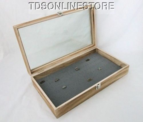 Rustic Antique Oak Color 72 Ring Glass Top Display Case Gray 3&#034; Deep