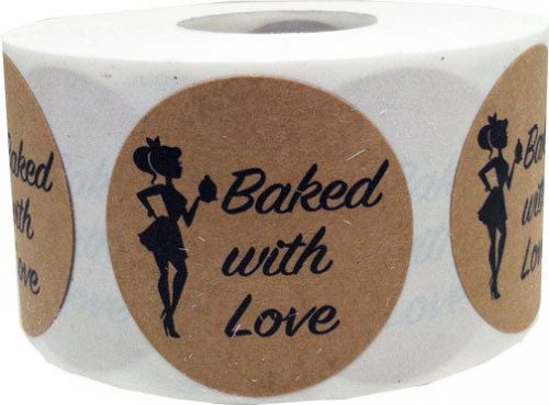 1.5&#034; Round Baked With Love Natural Kraft Stickers - 500 Adhesive labels on roll