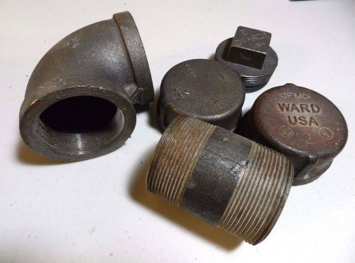 Lot of 2&#034; Pipe Fittings Steel Iron 5 Pieces Elbow Caps Coupler