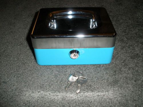 Chrome &amp; Turquoise Metal Cash Box with Lock and 2 Keys 6.5 x 5 x 3 inches Sturdy