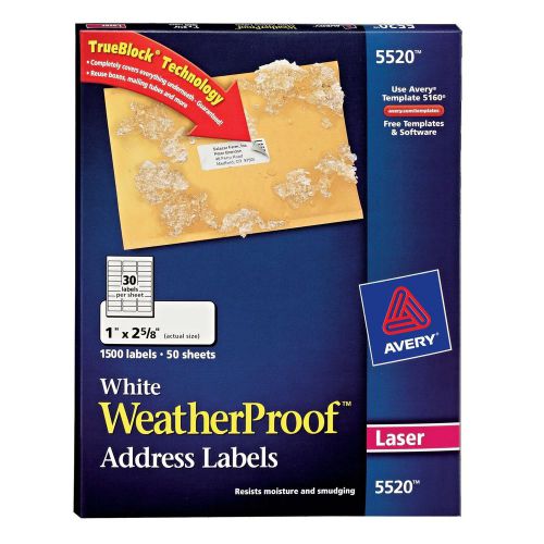 Avery white weatherproof labels for laser printers 1 x 2.62 inch box of 1500 ... for sale