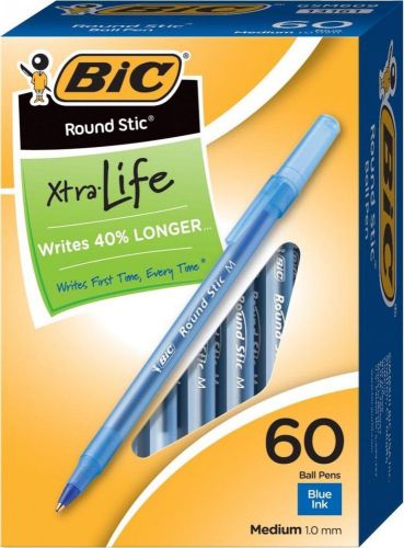 BIC Round Stic Xtra Life Ball Pen Medium Point (1.0 mm) Blue 60-Count 60 Count