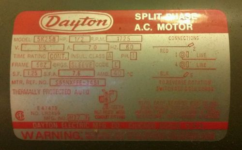 DAYTON 5K258 Motor, 1/2 HP, Split Ph, 1725 RPM, 115 V