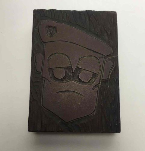 VINTAGE Man w/ Beret Letterpress Wood Cut STAMP 3 1/2&#034; X 2 1/2&#034; Printing Press