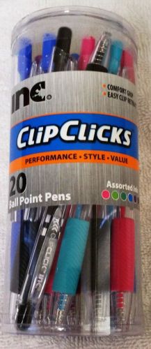 Inc. Clip Clicks - 20 Ball Point Pens - Assorted Colors - New!