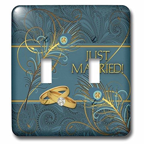 3dRose LLC lsp_52264_2 Peacock Just Married Wedding Rings in Teal and Gold