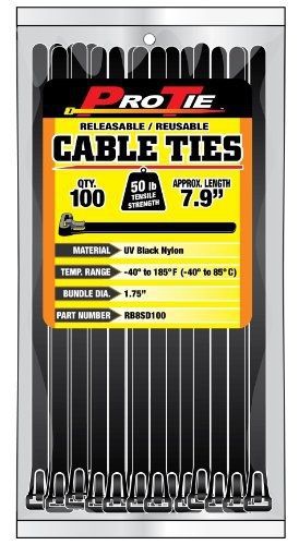 Pro Tie RB8SD100 7.9-Inch Releasable Standard Duty Cable Tie, UV Black Nylon,
