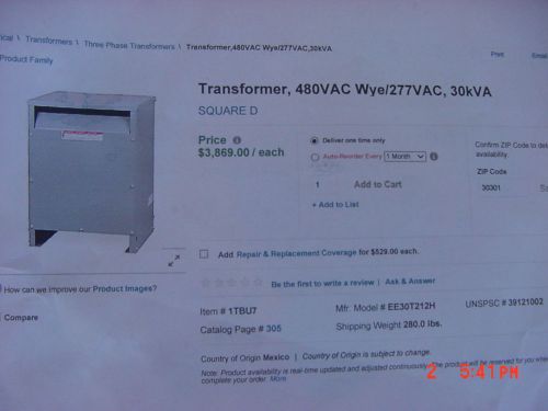 Square d transformer ee30t212h for sale