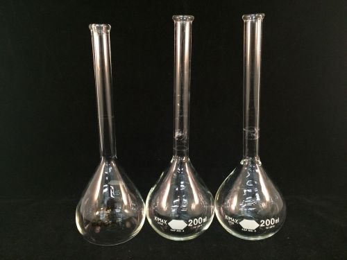 Lot of 3 Kimax 200mL Volumetric Glass Flasks - (2) 8-3/4&#034; &amp; 8-1/2&#034;