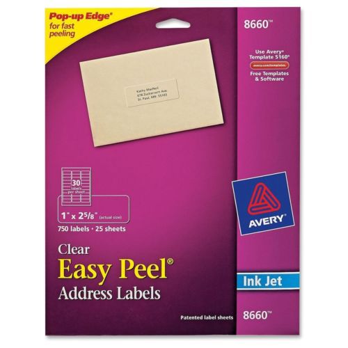 Avery 8660 Easy Peel Inkjet Mailing/Address Labels, 1&#034;x2-5/8&#034;, 750/PK, Clear