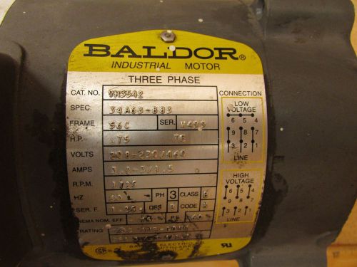 Baldor Cat. No. VM3542 Spec. 34A63-883 Electric Motor HP 3/4 PH 3 RPM 1725