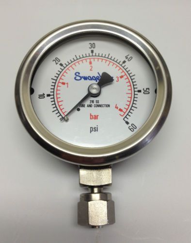 Swagelok 2.5” stainless steel pressure gauge 0-60 psi 1/4&#034; tube stub with nut for sale