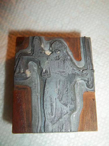 ANTIQUE PRINTERS LETTERBLOCK OF BLINDFOLDED LADY JUSTICE WITH SCALES AND SWORD