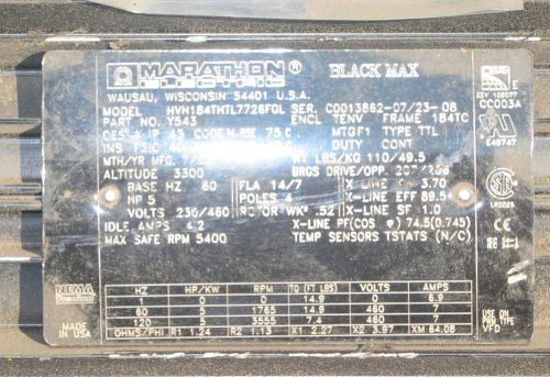 Marathon black max ac motor hvh 184thtl7726fgl 5hp 3ph- inverter duty for sale