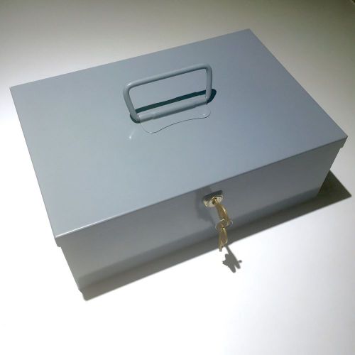 Grey Metal Cash Box w/ Black Plastic Insert Coin Drawer, Handle, + Lock &amp; Key