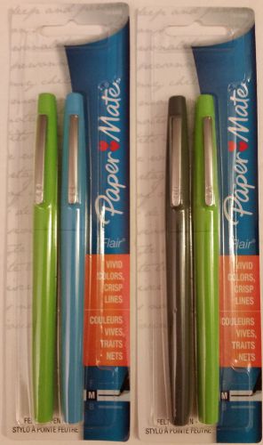 New Paper Mate Flair Felt Tip Pens, Medium Point Blue Green &amp; Black 2 Packs of 2