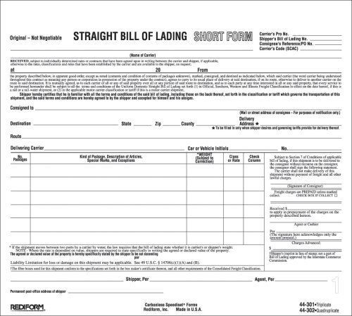 Rediform REDIFORM Bill of Lading, Snap-A-Way, Ruled, 3-Part, Carbonless, 8.5 x