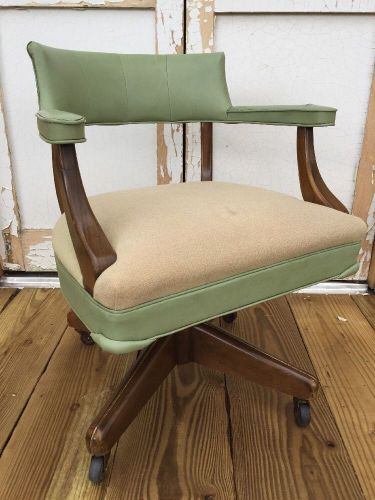 Vtg mid century swivel office chair oak vinyl cloth green olive for sale