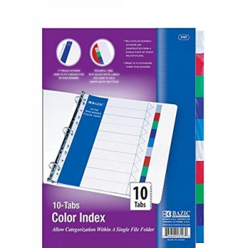 6 pk, bazic 3-ring binder dividers with 10 color tabs for sale