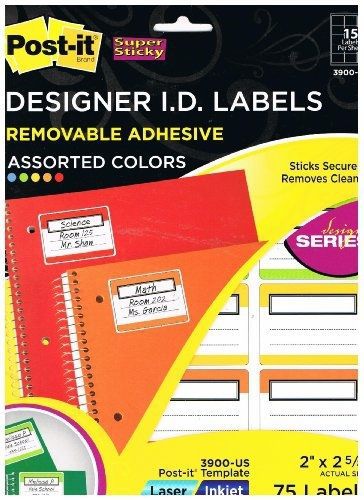 Post-it® Designer I.D. Labels, Assorted Colors, 2 in x 2 5/8 in, 75/Pack