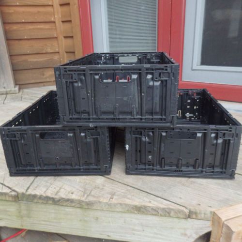 3 plastic black stacking crates lugs bins baskets folding collapsible 6419 8&#034; for sale