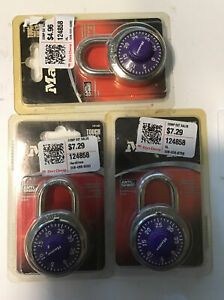 1 Lot of 3 - Purple Master Lock 1514D Padlock, Dial Combination Lock, 1- 7/8 in.
