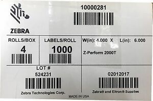 Zebra 10000281 4&#034;x6&#034;  Thermal Transfer 2000T Perm Adhesive 1000/Roll 4 Rolls