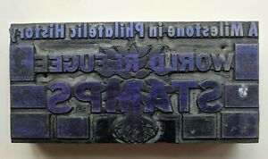 Letterpress Printing Block / Wood "WORLD REFUGEE STAMPS" Philatelic History