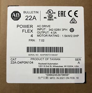 Allen Bradley 22A-B8P0N104 Ser/A PowerFlex 4 1.5 kW 2 Hp AC Drive