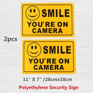Pair SMILE YOU&#039;RE ON CAMERA Yellow Business Security Sign CCTV Video