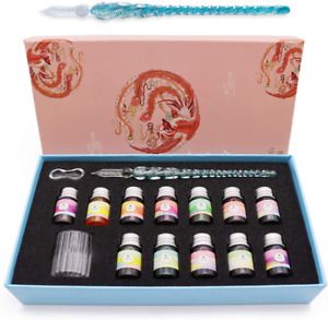 Crystal Glass Dip Pen Ink Set-Dip 12 Color Bottle Art Writing Drawing Calligrapy