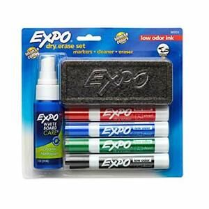 Low Odor Dry Erase Marker Set with White 4-Ct with Cleaner + Eraser Chisel