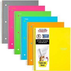 Five Star Spiral Notebooks 1 Subject, College Ruled Paper, 100 Sheets *Pack of 6