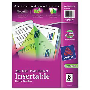 &#034;Avery Insertable Big Tab Plastic Dividers W/double Pockets, 8-Tab, 11 X 9&#034;